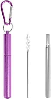 Collapsible Metal Straws, Travel Drinking Straws with Case, Keychain and Cleaning Brushes, Cruise Essentials（1 Pack, Purple）