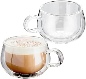 Double Walled Glass Cappuccino Coffee Handled Cups, Set of 2, 225ml - Vacuum Insulated, Handcrafted Artisan - Strong, Heat Resistant