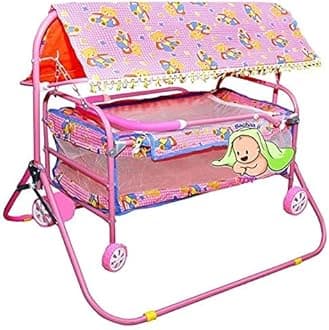 Baby Cradle for Newborn Babies with Deluxe Comfortable Kids jhula palna Swing with Foldable Design with Canopy for 0 to 2 Years .Pink Colour baggi for Boys and Girls (Coral Pink)