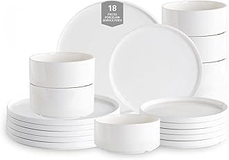 Porcelain Dinnerware Sets, 18 Piece Plates and Bowls Dish Set for 6, Modern Ceramic Dining Dishware, Chip and Scratch Resistant White Dish Set, Microwave & Dishwasher Safe
