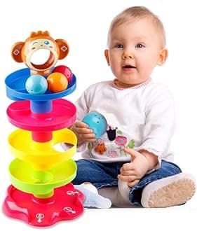 5 Layer Ball Drop and Roll Swirling Tower for Toddler|3 Puzzle Rattle Balls Monkey Face at The Top|Non Toxic Material by wonderblue