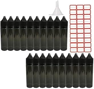 Sunday 7 Squeezable 60ml Empty Drop Bottle Food Grade PET Transparent Black Plastic Bottle with Childproof Tampering Black Cap with Funnel Sticker Labels (20 Pack)