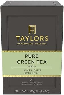 Taylors of Harrogate Pure Green Tea, Individually Wrapped Bags, 20 Count (Pack of 1), Delicate, Mellow and Crisp, Caffeinated, Enjoy Hot or Iced, 20 Teabags