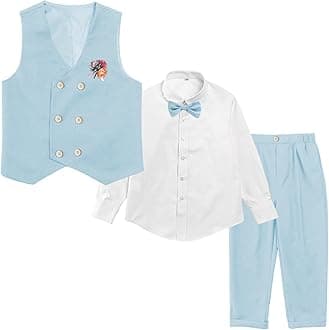 LOLANTA Boys' 4-Piece Formal Suit, Wedding Ring Bearer Outfit Vest Pants with Dress Shirt Bow Tie for Graduation 2-13 Years