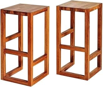 Wooden Bar Stool Set of 2 | with Foot Rest/Leg Support | Solid Wood Sheesham (Honey Finish)