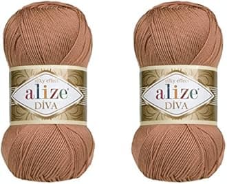 Alize Diva Yarn Hand Knitting Yarn 100% Microfiber Acrylic Yarn Alize Diva Silk Effect Thread Crochet Art Lace Craft Lot of 2 skeins 200gr 767 yds (261-Red Brown)