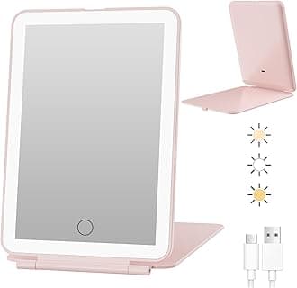 Rechargeable Travel Makeup Mirror with 72 Led Lights, Portable Lighted Makeup Mirror, 3 Color Lighting, Dimmable Touch Screen, Type C, Tabletop LED Folding Cosmetic Vanity Mirror (Pink)