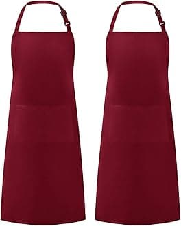 Syntus 2 Pack 100% Cotton Adjustable Bib Apron 2 Pockets Cooking Kitchen Aprons for Women Men Chef, Dark Red