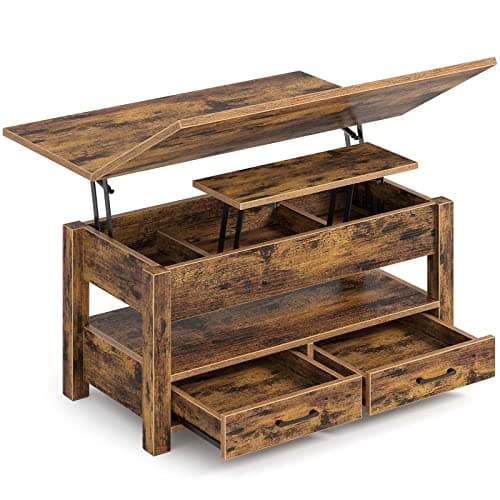 Rolanstar Coffee Table Lift Top, Multi-Function Convertible Coffee Table with Drawers and Hidden Compartment, Converts to Dining Table for Living Room, Home Office, Rustic Brown