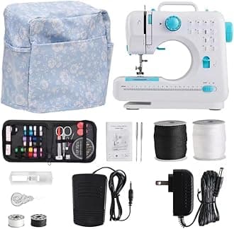 Mini Sewing Machine for Beginners and Kids Ages 8-12, Portable Sewing Machines with 12 Built-in Stitch Patterns, Light, 2 Speed Foot Pedal - Teal & White (with 27 Pieces Sewing Kit & Case)