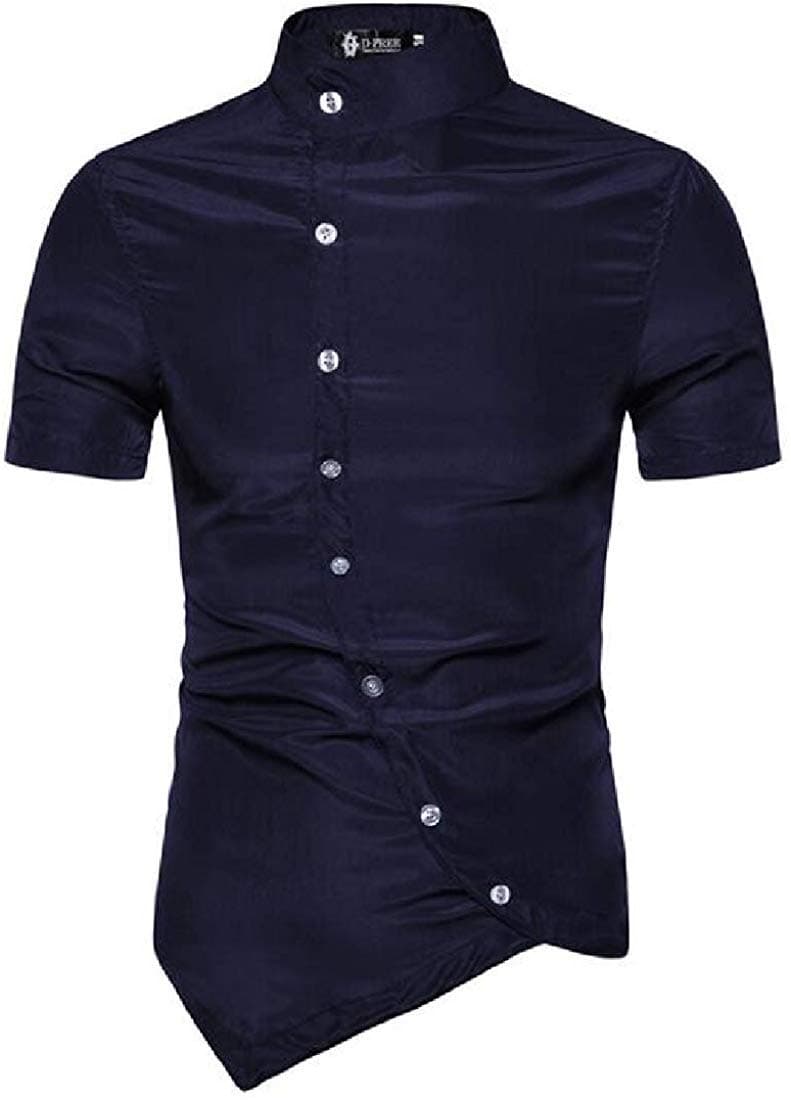 Men's Button Down Short Sleeve High Low Solid Color Summer Dress Shirts White Medium