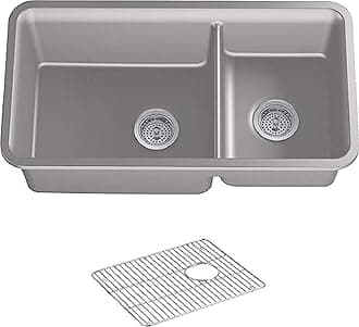 Kohler K-8204-CM4 Large/Med Undermount 2-Bowl Kitchen Sink with Rack Matte Grey