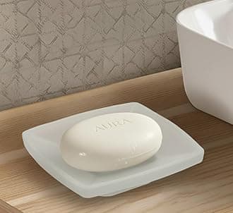 Premium Frosted Glass Soap Dish with Table top soap Tray | Square Bathroom Soap Stand | Anti-Slip, Water Drain Design for Wash Basin, Shower & Kitchen Sink