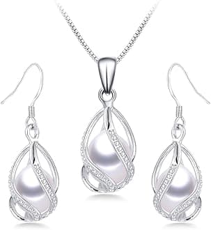 Pearl Jewelry Set For Women S925 Sterling Silver/14K Gold Plated Necklace & Earrings Set Freshwater Pearl Pendant Cage Set for Wedding Anniversary Prom Birthday Gift