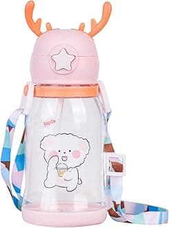 Panchhi Store Water Bottle For Kids 600Ml Water Bottle With Straw For Kids Sipper Bottle For Kids Dual Cap Bottle With Strap For School Picnic Travel Home Bottle For Girls Pink - Plastic