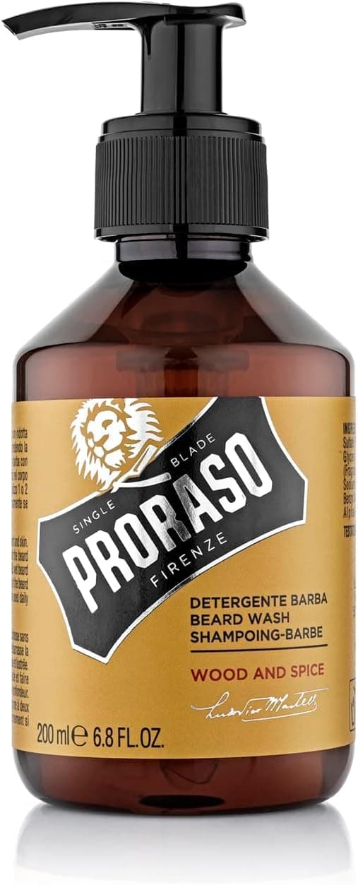 Proraso Beard Wash Wood & Spice, 200ml, Scented Beard Shampoo Softens, Conditions, and Gently Removes Impurities, Made in Italy