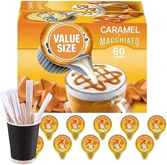 Caramel Macchiato Coffee Creamer Singles, 60 ct, Non-Dairy Creamer Singles with our 20 Pcs Wood Coffee Stirrers By Shmyl Emporium