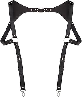FEESHOW Vintage Medieval Leather Suspender H-Back Steampunk Suspenders with Adjustable Buckle for Men Party Cosplay Clubwear