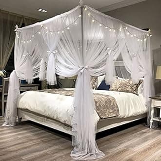 Joyreap 4 Corners Post Canopy Bed Curtain for Girls & Adults - Royal Luxurious Cozy Drape Netting - Cute Princess Bedroom Decoration Accessories (White, 86" W x 78" L,King)