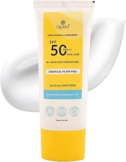 Qurez 100% Mineral Sunscreen SPF 50 PA+++ 50g | Lightweight, UVA UVB Broad Spectrum, Blue Light & IR Protection | for Oily, Dry, Sensitive, Acne-prone Skin | Water resistant | Kids Friendly