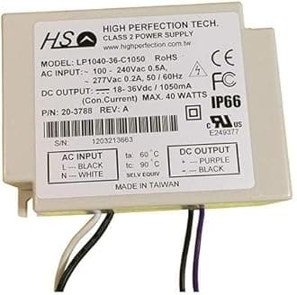 LP1040-36-C1050 (20-3312), AC Input: 100-240 VAC; 0.5 A; 50/60 HZ, Class 2, DC Output: 18-36 VDC; 1050 MA; 40 WATTS, IP66, Power Supply