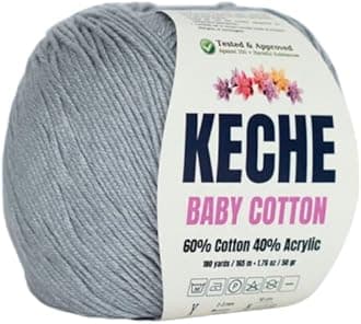 Keche Cotton Yarn, 60% Cotton 40% Acrylic Yarn, Soft Cotton Yarn for Crochet and Knitting, Amigurumi Yarn 1 Skein/Ball 1.76 Oz (50g) / 180 Yrds (165m) - Grey