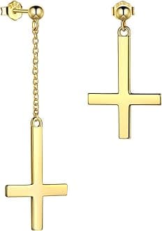BesilverMens Inverted Cross Earrings Solid 925 Sterling Silver Fine Jewelry Asymmetric Upside Down Cross Earrings St. Peter Satanic Earrings Piercing Clip On Earrings Gothic Jewelry Christmas Jewelry Gift Thanksgiving Day Women Girls