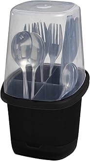 Toledo Covered Cutlery and Utensil holder, Flatware Plastic Caddy Organizer for Silverware with Cover top Perfect for Kitchen, picnic, home, BBQ, Party, Camping, Outdoor and Restaurant (Black)