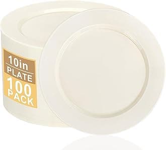 I00000 100 Pcs Ivory Plastic Plates,10inch Cream Dinner Plate, Elegant Disposable Plates Perfect for Birthday, Party,Wedding, Baby & Bridal Shower (100 Guests)