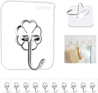 HASTHIP® Waterproof Stick on Adhesive Stronger Plastic Wall Hooks Hangers for Hanging Robe, Coat, Towel, Keys, Bags, Lights, Calendars, Max Load 15 kg - Pack of 11, Transparent (11 Transparent Hooks)