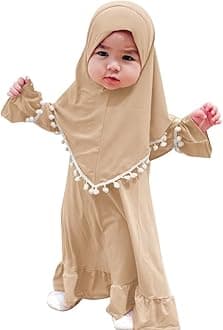 ODASDO Newborn Infant Baby Girls Prayer Dress Muslim Clothes for Toddler Kids Long Sleeve Abaya with Hijab Two Piece Set