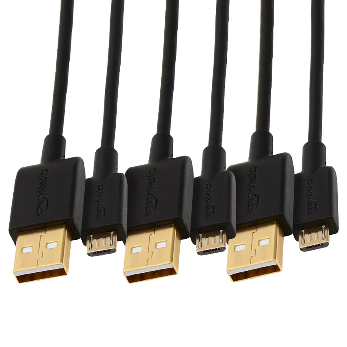 Amazon Basics 3-Pack USB-A to Micro USB Charging Cable, 480Mbps Transfer Speed with Gold-Plated Plugs, USB 2.0, 0.9 m, Black