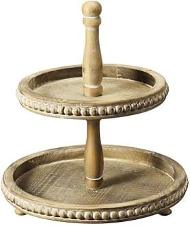 2 Tiered Tray, Wooden Beaded Tier Trays Stand for Farmhouse Table Decor, Layered Tray with Vintage Decor, Rustic Tiered Serving Tray for Cupcake Cake Fruit Dessert Stand(Brown Round)