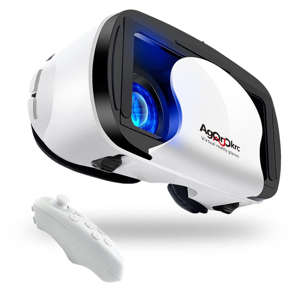 VR Headset with Controller Adjustable 3D VR Glasses Virtual Reality Headset HD Blu-ray Eye Protected Support 5~7 Inch for Phone/Android White
