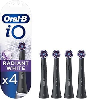 Oral-B iO Radiant White Electric Toothbrush Head, Angled Bristles Deeper Plaque Removal, with Polishing Petals for Teeth Whitening, Pack of 4 Toothbrush Heads, Black