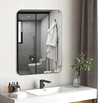 Vlsrka 31x24 Inch Bathroom Mirror, Black Metal Frame Wall Mirror with Rounded Corner in Aluminum, Rectangle Glass Panel Wall Mounted Mirror for Living Room, Hallway, Hangs Horizontally or Vertically