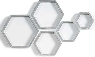 PHOENANCEE Hexagon Floating Shelves,Wall Mounted Wood Farmhouse Storage Honeycomb Wall Shelf Set of 5,for Bathroom, Kitchen, Bedroom, Living Room,Office,Driftwood Finish (Vintage Grey)