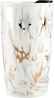 Reusable Coffee Cup Travel UMLACA Ceramic Mugs for Hot Drinks,Insulated Double Wall Mug with Lid 12oz/350ml,BPA Free,Dishwasher Safe,for Home,Office,Car,to Go,Gold Foil Marbling