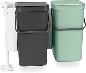 Brabantia - Sort & Go Waste Bin 2x12L - Double Built-In Recycling Bin - Stay Open Lid - Carry Handle - Easy to Clean - Dual Bin for in Kitchen Cupboards - Dark Grey/Jade Green - 52 x 35 x 43 cm