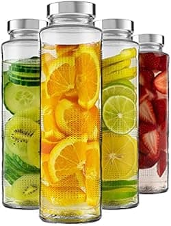 Glass Food Grade Airtight Water Bottle with Leak-Proof Stainless Steel Lid - Water, Smoothie, Juicer and Beverage Glasses - 750ml (Set Of 4)