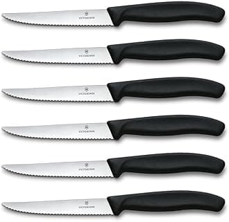 Swiss Classic Professional Steak Knife Set, 6 Piece, Ultra Sharp Blade, Serrated Edge, 11 cm, Sturdy Plastic Handle, Stainless Steel, Black