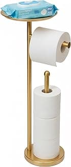 Freestanding Toilet Paper Holder with Shelf, Gold Toilet Paper Stand with Storage Tray and Space for 4 Extra Rolls