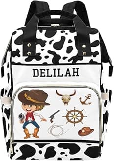 Cow Print Anchor Cowboy Personalized Diaper Bag Backpack Bookbag Name Daypack Large Mommy Bag for Boys Birthday Adult Girls