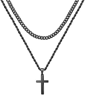 Layered Cross Necklace for Men, 18K Gold Silver Black Stainless Steel Mens Cross Necklaces Cross Chain Layered Rope Chain Cross Necklace for Men Women Boy Girls 16 18 20 22 24 Inch Necklace,