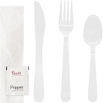 Party Essentials Individually Wrapped Plastic Cutlery Packets/Heavy Duty Silverware Kits, Fork/Spoon/Knife/Napkin/Salt/Pepper, 50 Utensils Sets, White