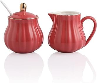 SweejarRoyal Ceramic Sugar and Creamer Set, 3 Piece With Cream Pitcher, Sugar Bowl, Lid & Spoon, Coffee Serving Wedding Gift (Watermelon Red)
