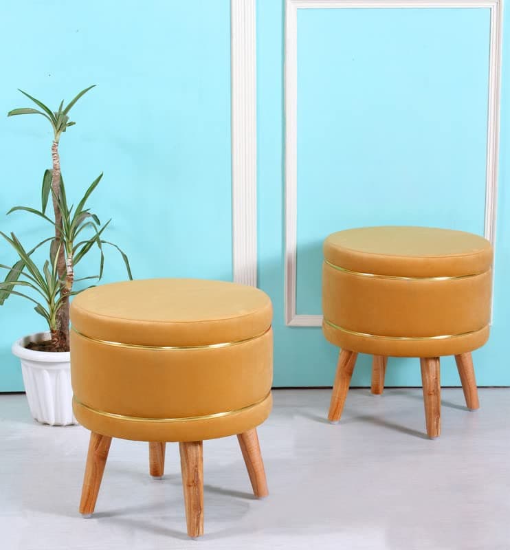 Ottoman| Solid Wood Base | Round Modern Pouffe | Soft Comfortable Ottoman Stool for Living Room | Footstool for Home Décor | Office Room Décor | 16x16x17 Inch (Combo Beige)