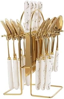 Stainless Steel Spoons, Forks & Knives Set of 24 with Stand and Ceramic Handle (Abstract Golden)