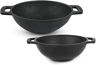 The Indus Valley Pre-Seasoned Cast Iron Cookware Set | Kadai (20.5Cm/ 1.4L) + Kadai (25.6Cm/ 2.4L) | Kitchen Cooking Combo Pots And Pans Set Of 2Pcs | Naturally Nonstick, Black