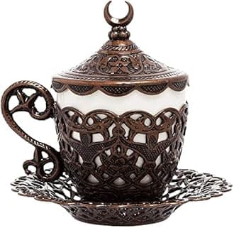 Alisveristime (1 Pc Turkish Coffee Cup - Traditional Design with Crescent Motif, Porcelain Cup and Saucer for Turkish, Greek, Arabic Coffee and Espresso (Gelincik) (Copper)